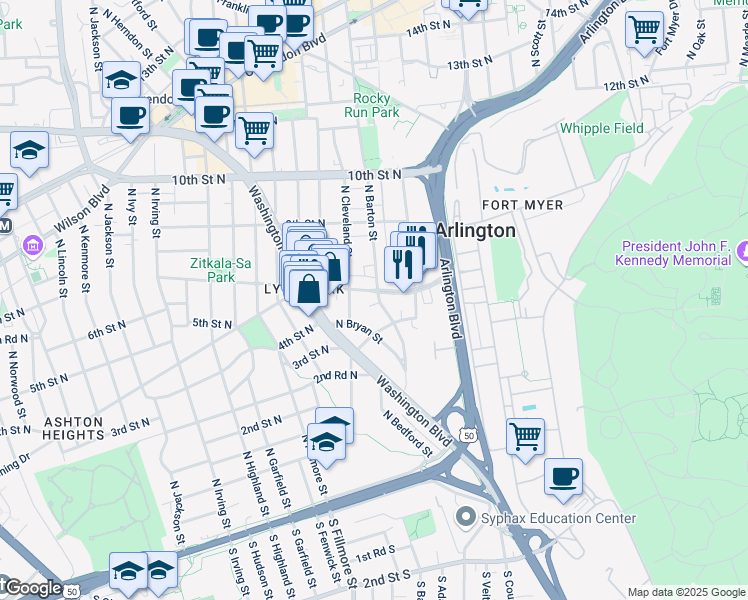 map of restaurants, bars, coffee shops, grocery stores, and more near 400 North Barton Street in Arlington