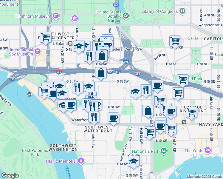 map of restaurants, bars, coffee shops, grocery stores, and more near 730 3rd Street Southwest in Washington