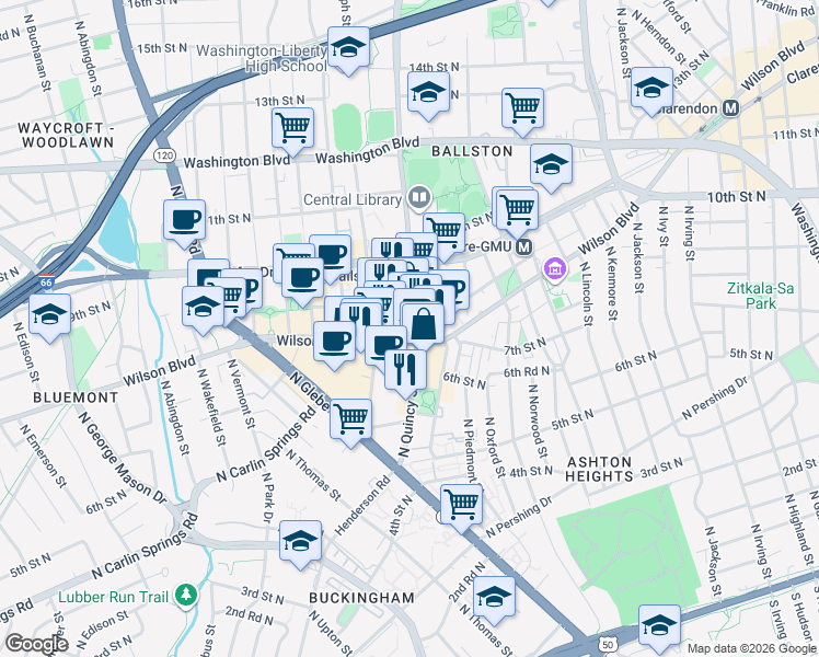 map of restaurants, bars, coffee shops, grocery stores, and more near 818 North Quincy Street in Arlington