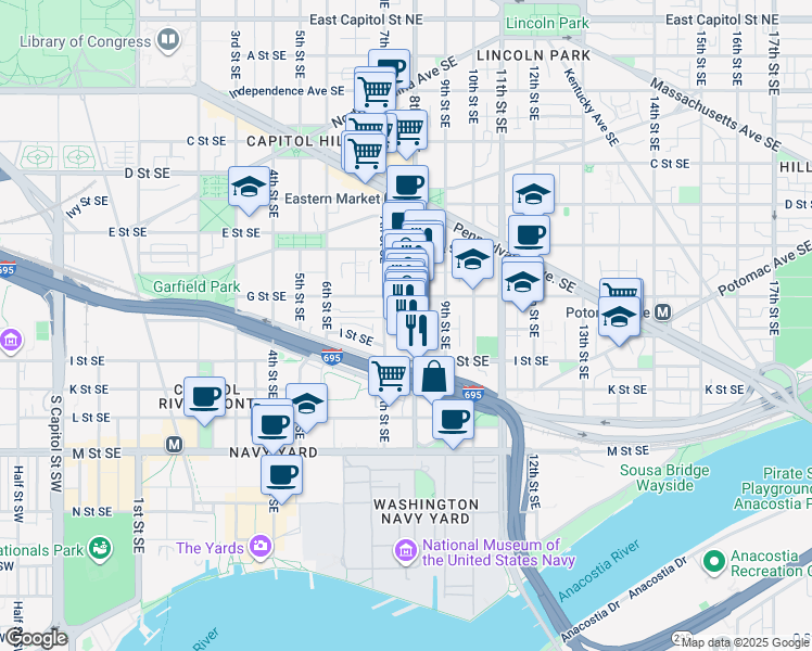 map of restaurants, bars, coffee shops, grocery stores, and more near 101 Independence Avenue Southeast in Washington