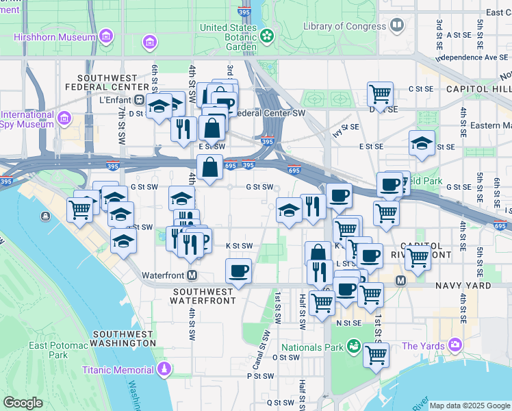 map of restaurants, bars, coffee shops, grocery stores, and more near 723 Delaware Avenue Southwest in Washington