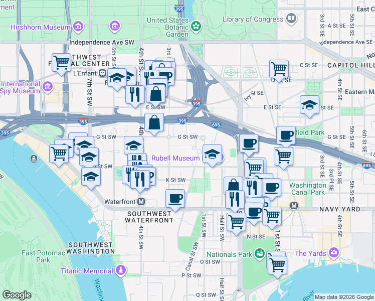 map of restaurants, bars, coffee shops, grocery stores, and more near 101 Independence Avenue Southeast in Washington