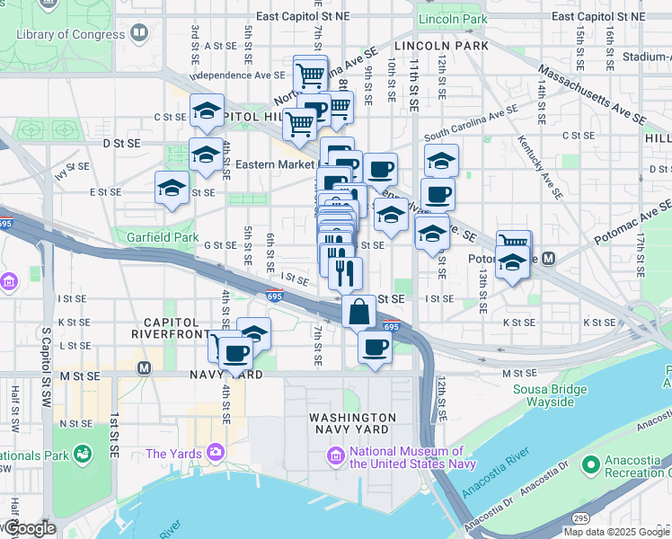 map of restaurants, bars, coffee shops, grocery stores, and more near 725 8th Street Southeast in Washington