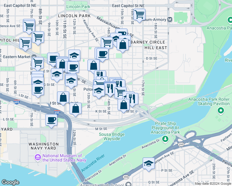 map of restaurants, bars, coffee shops, grocery stores, and more near 101 Independence Avenue Southeast in Washington