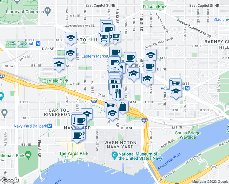 map of restaurants, bars, coffee shops, grocery stores, and more near 725 8th Street Southeast in Washington