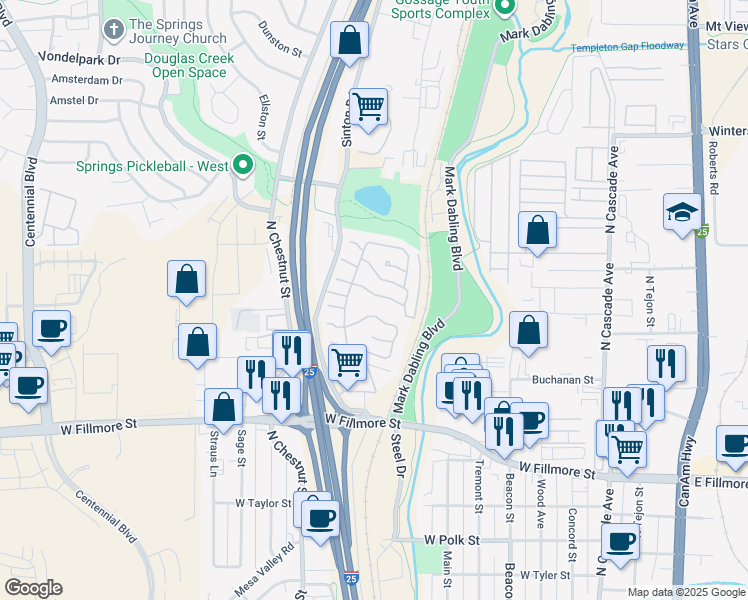 map of restaurants, bars, coffee shops, grocery stores, and more near 3405 Sinton Road in Colorado Springs