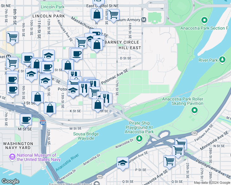 map of restaurants, bars, coffee shops, grocery stores, and more near 101 Independence Avenue Southeast in Washington