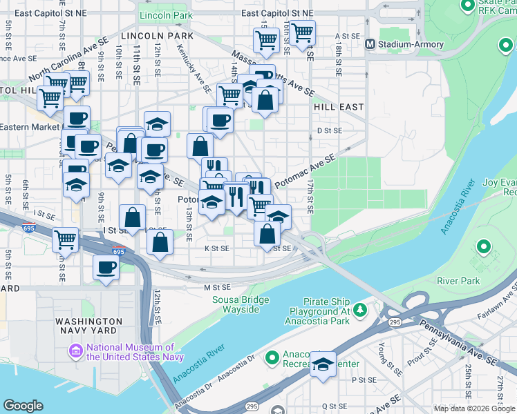 map of restaurants, bars, coffee shops, grocery stores, and more near 101 Independence Avenue Southeast in Washington