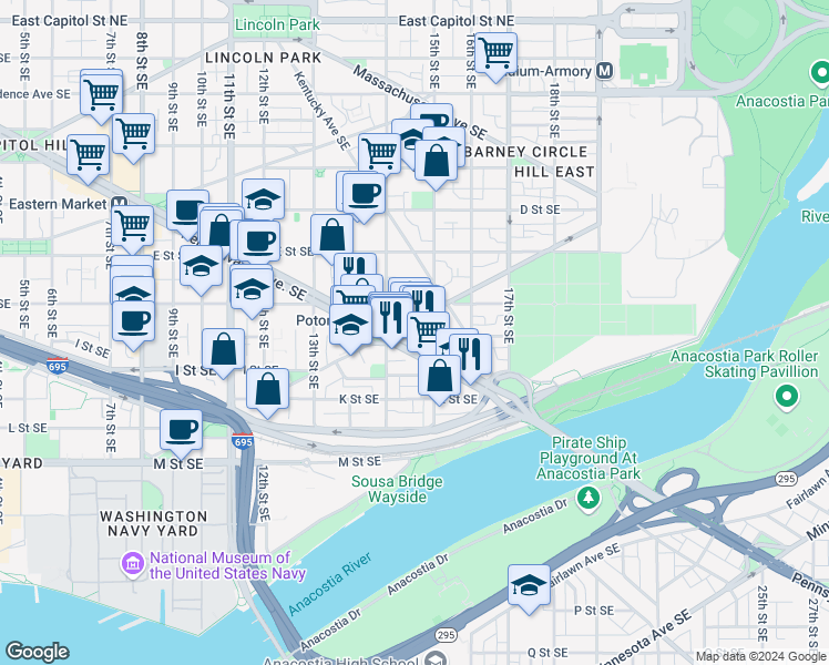 map of restaurants, bars, coffee shops, grocery stores, and more near 101 Independence Avenue Southeast in Washington