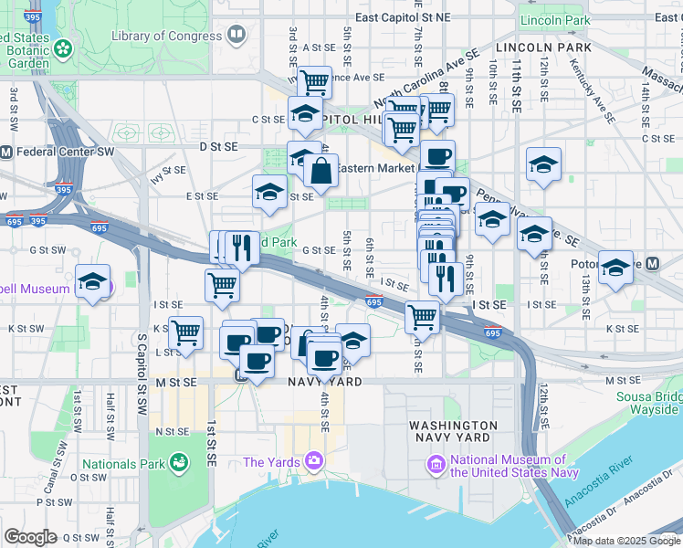map of restaurants, bars, coffee shops, grocery stores, and more near 101 Independence Avenue Southeast in Washington