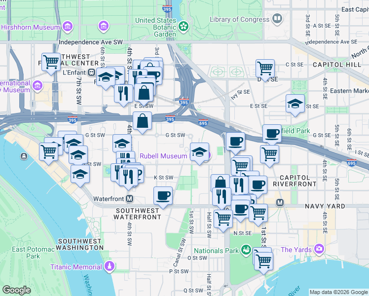 map of restaurants, bars, coffee shops, grocery stores, and more near 101 Independence Avenue Southeast in Washington