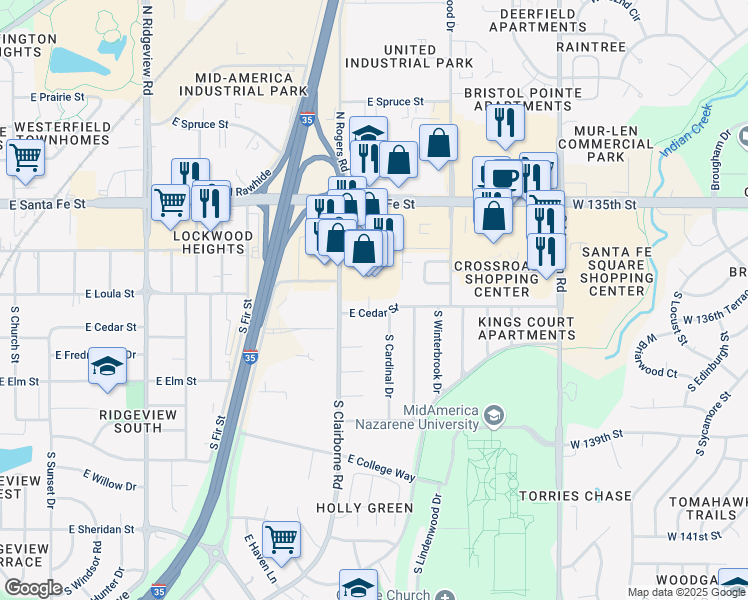 map of restaurants, bars, coffee shops, grocery stores, and more near 1707 East Cedar Street in Olathe
