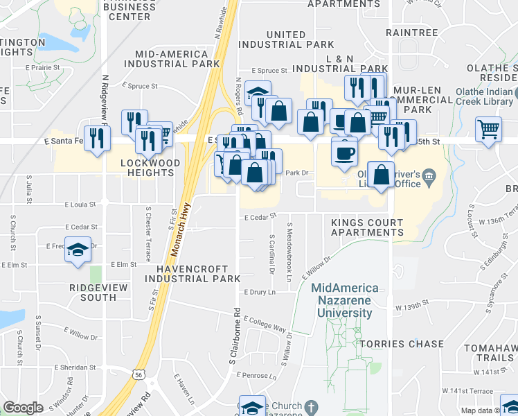 map of restaurants, bars, coffee shops, grocery stores, and more near 1707 East Cedar Street in Olathe