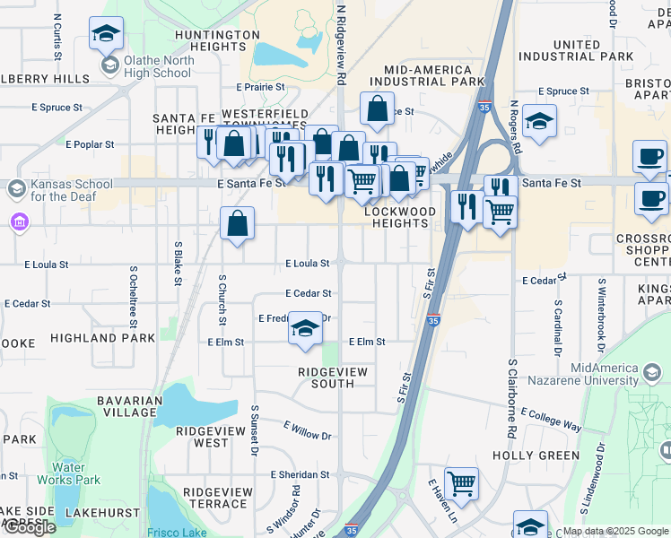 map of restaurants, bars, coffee shops, grocery stores, and more near 218 South Ridgeview Road in Olathe
