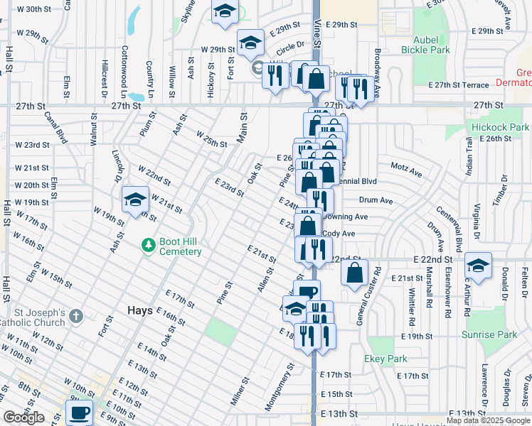 map of restaurants, bars, coffee shops, grocery stores, and more near 218 East 23rd Street in Hays