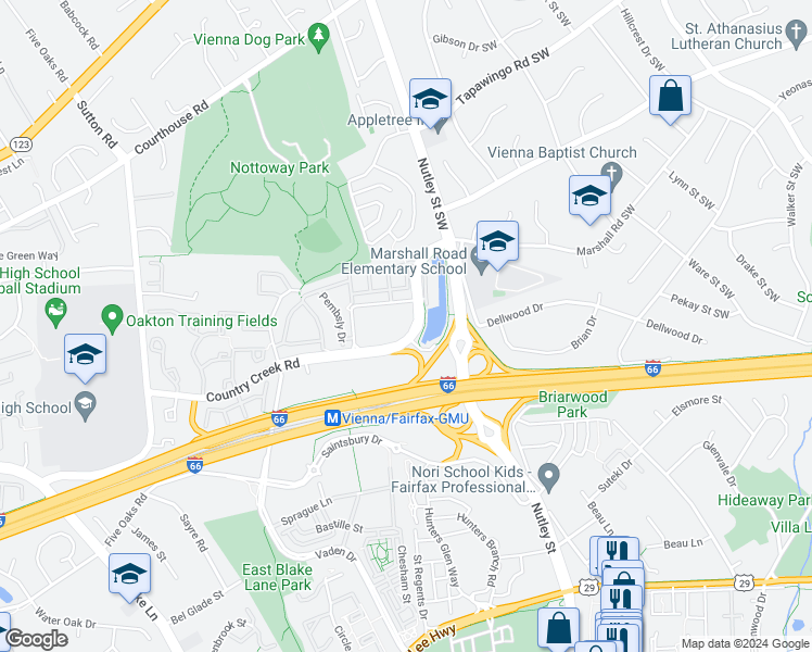 map of restaurants, bars, coffee shops, grocery stores, and more near 9480 Virginia Center Boulevard in Vienna