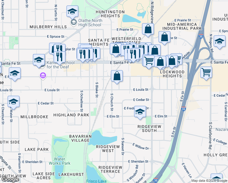 map of restaurants, bars, coffee shops, grocery stores, and more near 229 South Church Street in Olathe