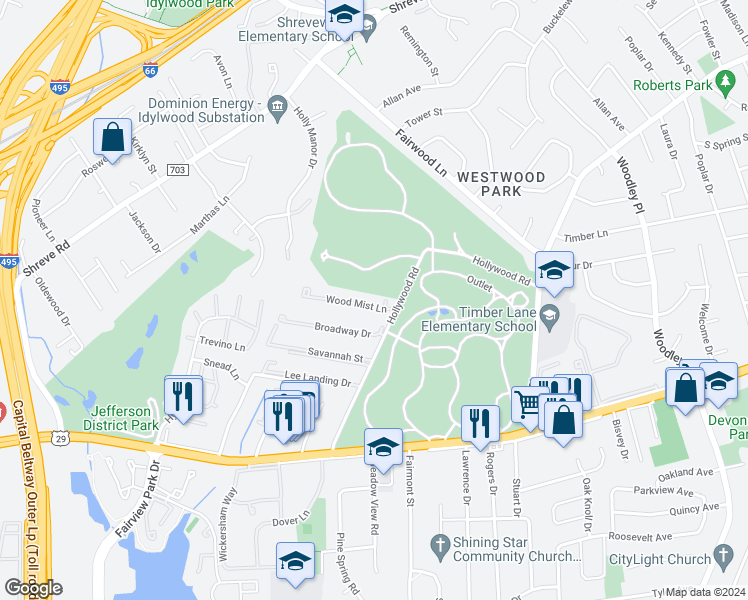 map of restaurants, bars, coffee shops, grocery stores, and more near 7572 Wood Mist Lane in Falls Church