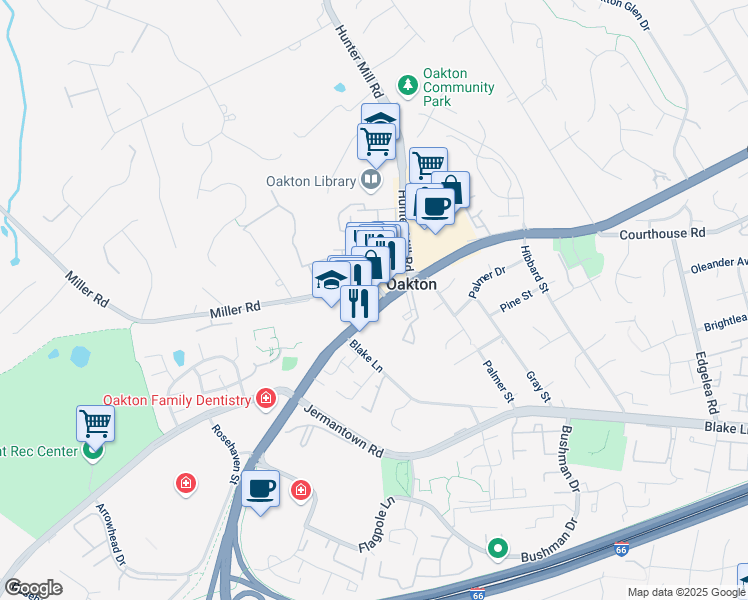 map of restaurants, bars, coffee shops, grocery stores, and more near 2960 Virginia 123 in Oakton