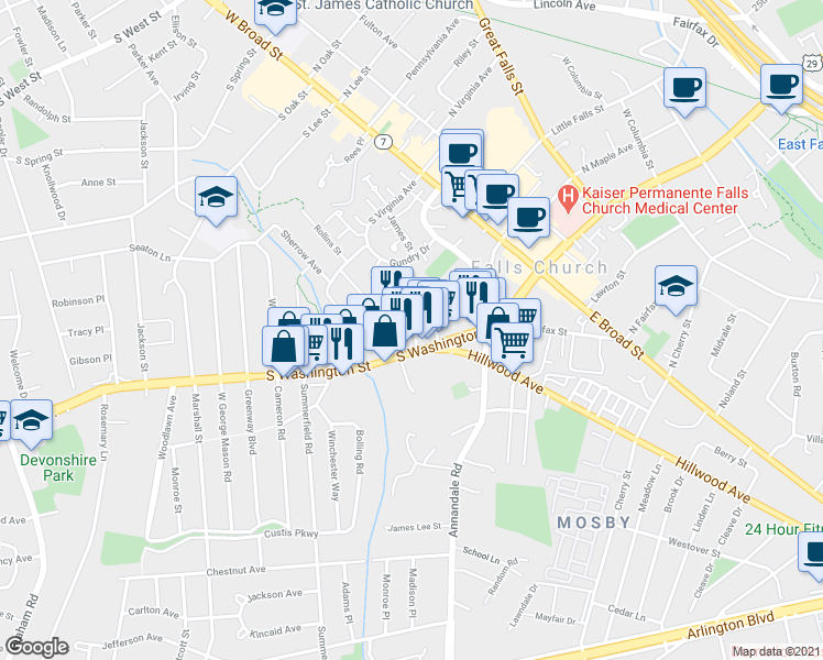 map of restaurants, bars, coffee shops, grocery stores, and more near 415 South Maple Avenue in Falls Church