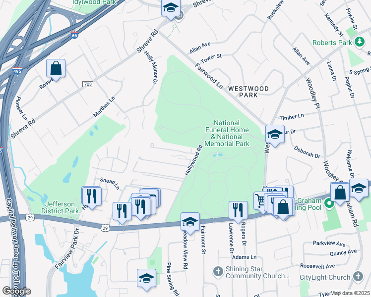 map of restaurants, bars, coffee shops, grocery stores, and more near 7572 Wood Mist Lane in Falls Church