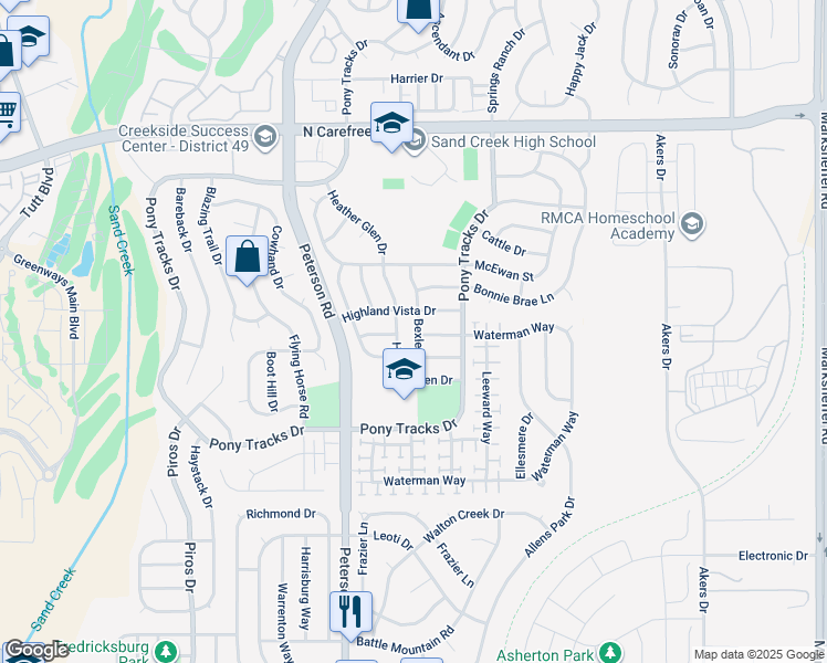 map of restaurants, bars, coffee shops, grocery stores, and more near 3360 Bexley Drive in Colorado Springs