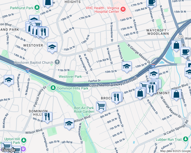 map of restaurants, bars, coffee shops, grocery stores, and more near in Arlington