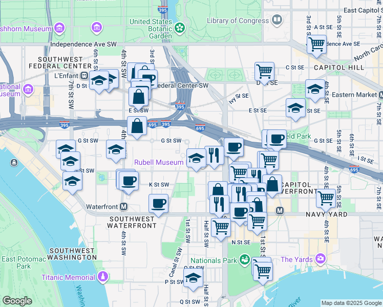 map of restaurants, bars, coffee shops, grocery stores, and more near 101 Independence Avenue Southeast in Washington