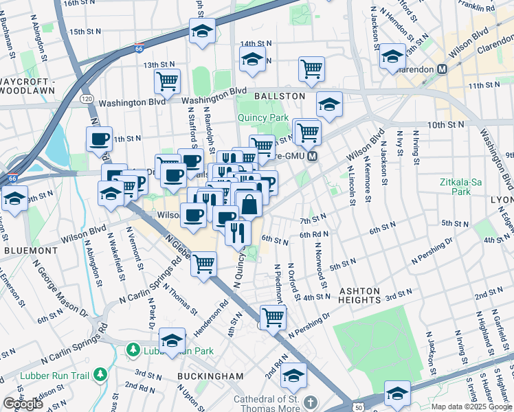 map of restaurants, bars, coffee shops, grocery stores, and more near 820 North Pollard Street in Arlington