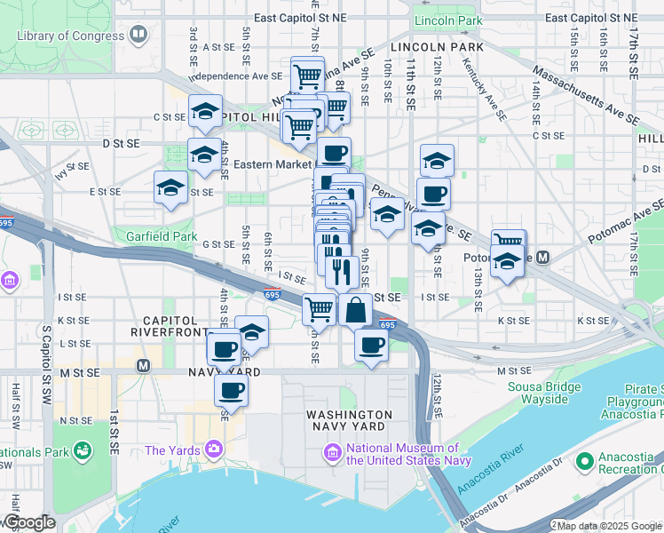 map of restaurants, bars, coffee shops, grocery stores, and more near 101 Independence Avenue Southeast in Washington