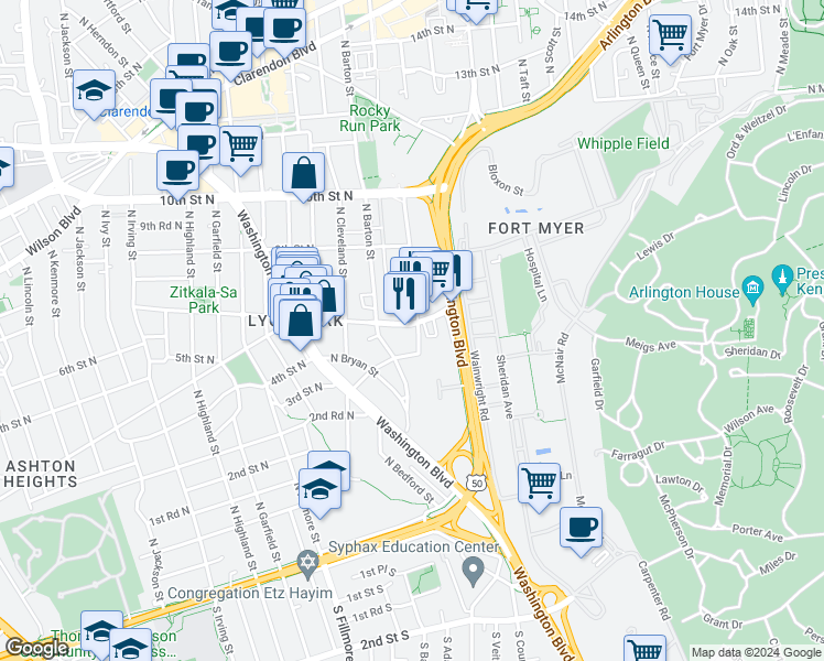 map of restaurants, bars, coffee shops, grocery stores, and more near 2300 North Pershing Drive in Arlington
