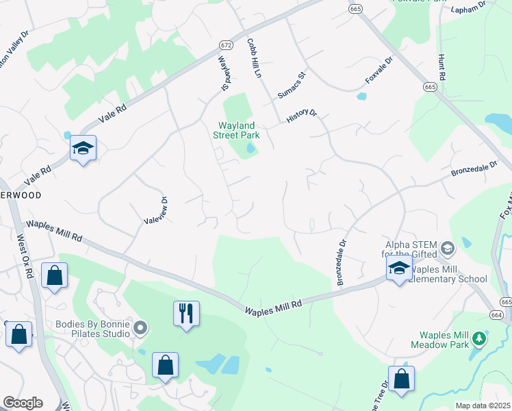 map of restaurants, bars, coffee shops, grocery stores, and more near 11810 Lyrac Court in Oakton