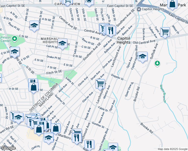 map of restaurants, bars, coffee shops, grocery stores, and more near 625 Drum Avenue in Capitol Heights