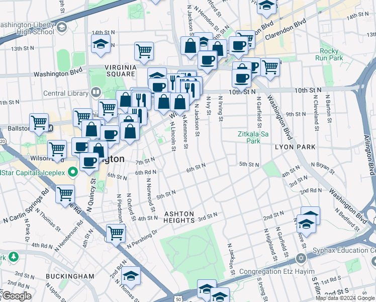 map of restaurants, bars, coffee shops, grocery stores, and more near 633 North Kenmore Street in Arlington