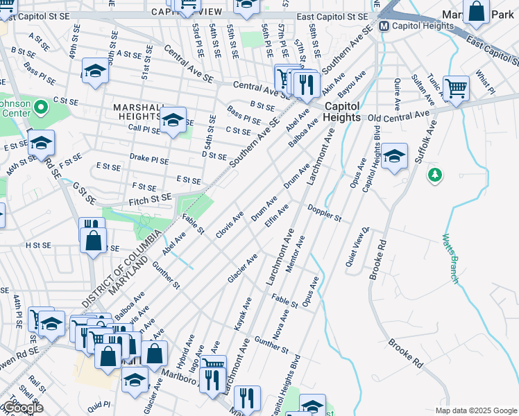map of restaurants, bars, coffee shops, grocery stores, and more near 625 Drum Avenue in Capitol Heights
