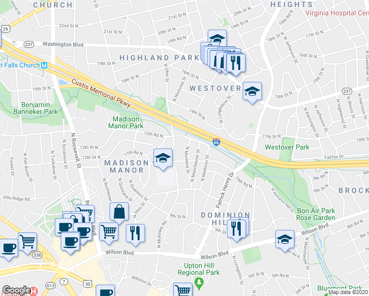 map of restaurants, bars, coffee shops, grocery stores, and more near 1068 North Montana Street in Arlington