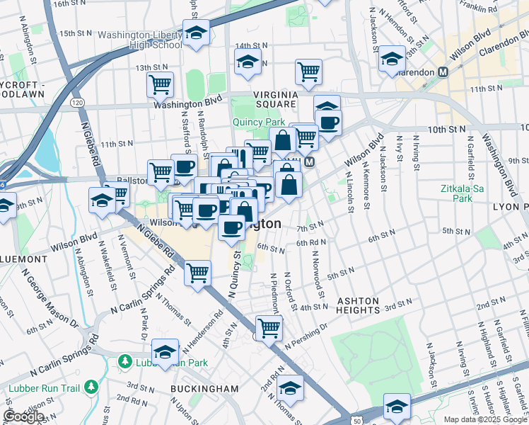 map of restaurants, bars, coffee shops, grocery stores, and more near 3865 Wilson Boulevard in Arlington