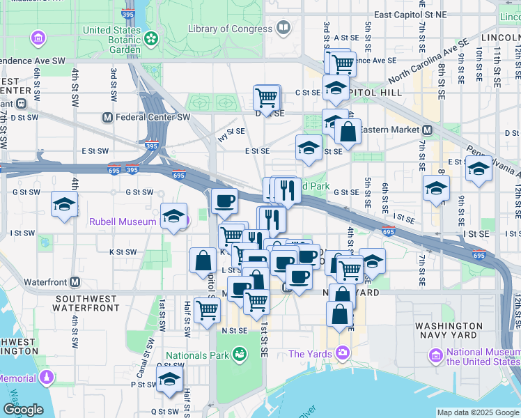 map of restaurants, bars, coffee shops, grocery stores, and more near 853 New Jersey Avenue Southeast in Washington