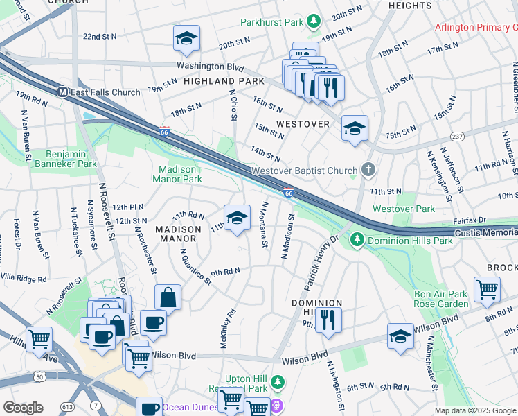 map of restaurants, bars, coffee shops, grocery stores, and more near 1068 North Montana Street in Arlington