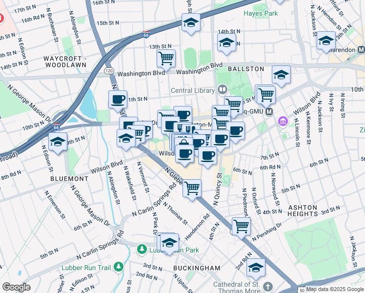 map of restaurants, bars, coffee shops, grocery stores, and more near 4201 Wilson Boulevard in Arlington