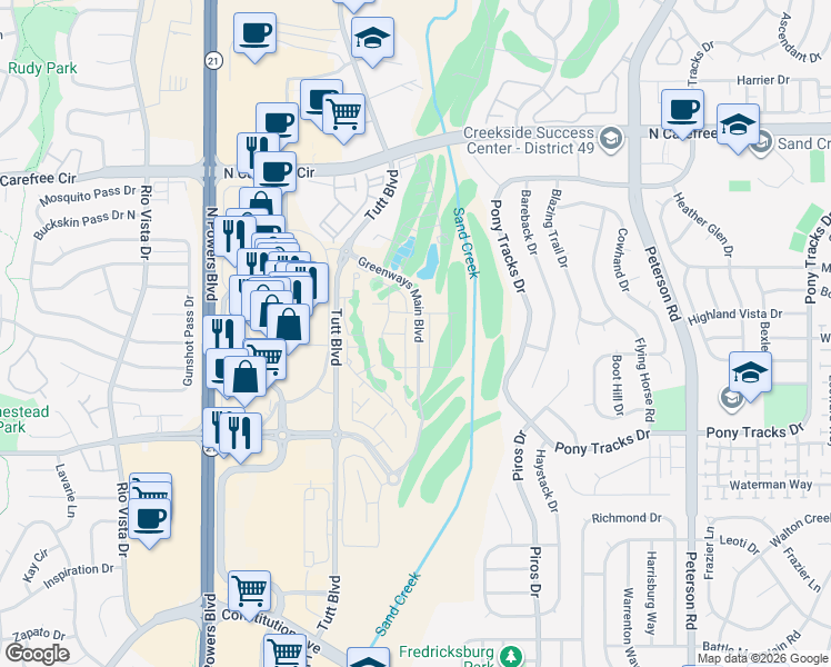 map of restaurants, bars, coffee shops, grocery stores, and more near 3527-3623 Tutt Boulevard in Colorado Springs