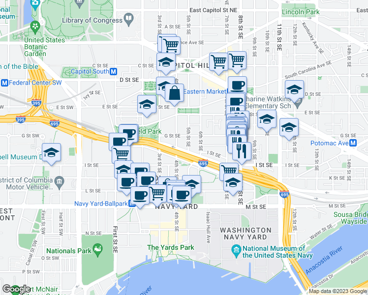 map of restaurants, bars, coffee shops, grocery stores, and more near 725 5th Street Southeast in Washington
