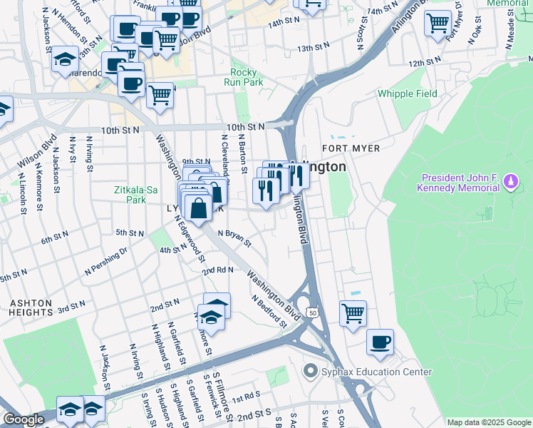 map of restaurants, bars, coffee shops, grocery stores, and more near 2300 North Pershing Drive in Arlington