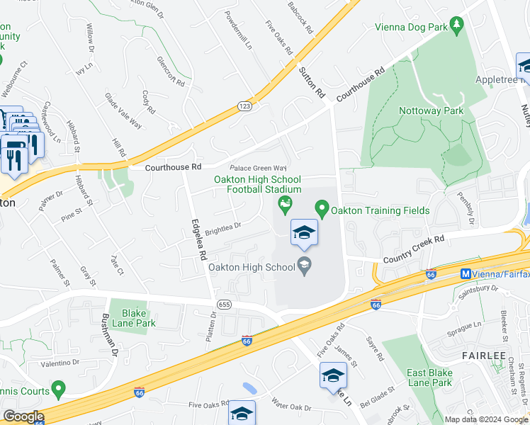 map of restaurants, bars, coffee shops, grocery stores, and more near 9813 Brightlea Drive in Vienna
