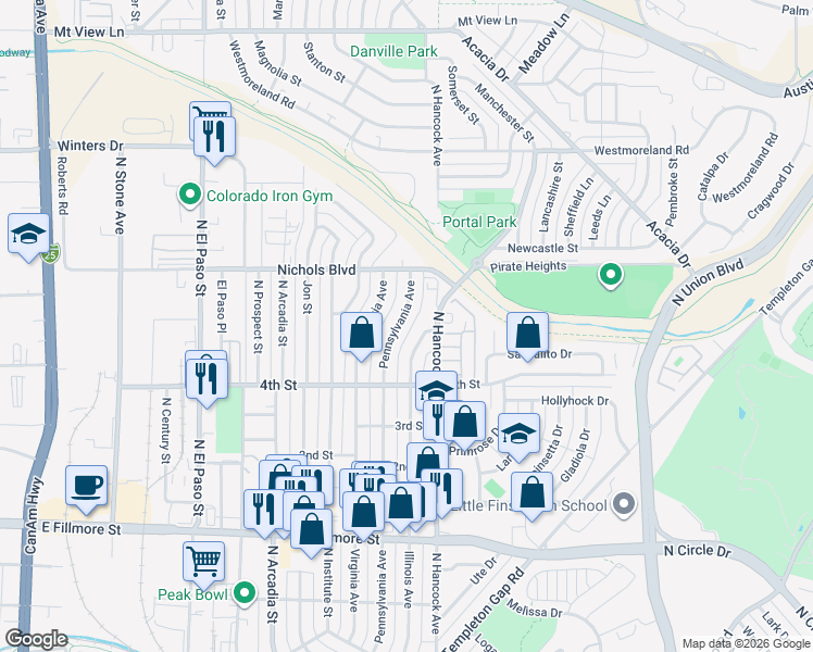 map of restaurants, bars, coffee shops, grocery stores, and more near 3215 Pennsylvania Avenue in Colorado Springs