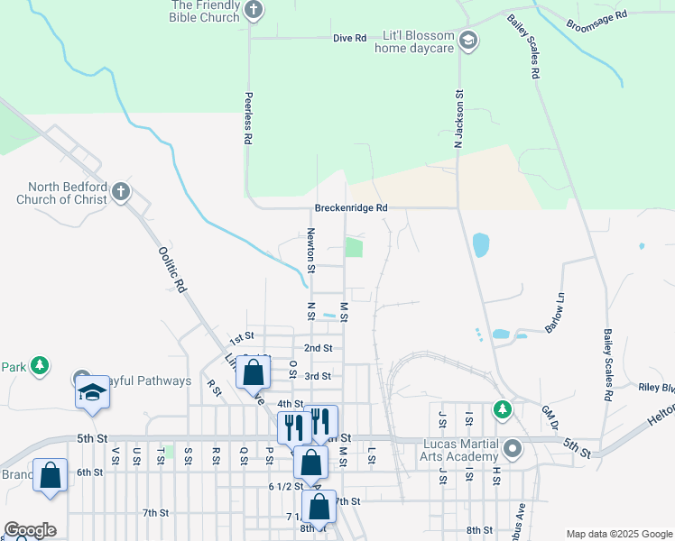 map of restaurants, bars, coffee shops, grocery stores, and more near 34 M Street in Bedford