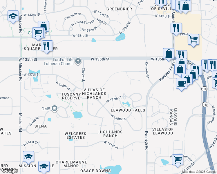 map of restaurants, bars, coffee shops, grocery stores, and more near 13645 Belinder Street in Overland Park