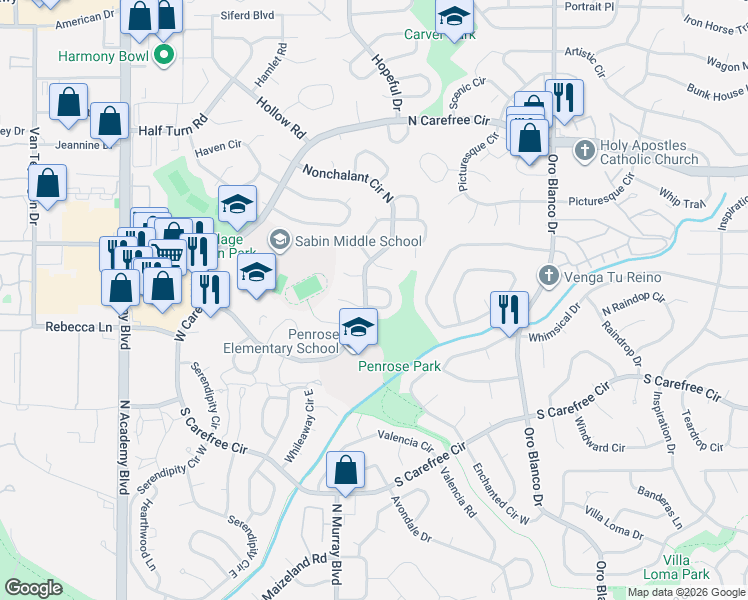 map of restaurants, bars, coffee shops, grocery stores, and more near 3375 Nonchalant Circle South in Colorado Springs