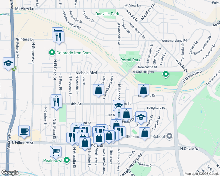 map of restaurants, bars, coffee shops, grocery stores, and more near 3215 Pennsylvania Avenue in Colorado Springs