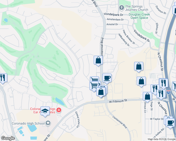 map of restaurants, bars, coffee shops, grocery stores, and more near 3480 Centennial Boulevard in Colorado Springs